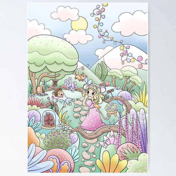 Bonjour Avril! Paysage en fleurs, animaux et chibis Poster
