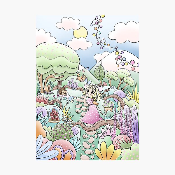 Bonjour Avril! Paysage en fleurs, animaux et chibis Impression photo