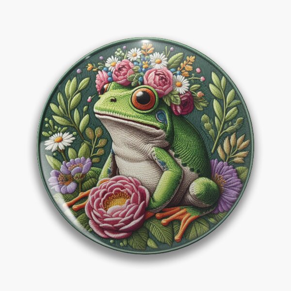Artikelvorschau, Gestickter Frosch mit Blumen entworfen und verkauft von Wendy Brinkhuis.