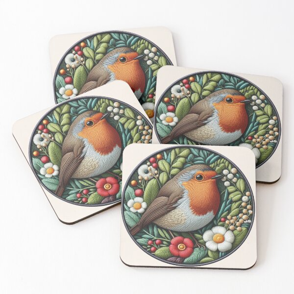Item preview, Embroidered robin bird with flowers designed and sold by Wendy Brinkhuis.
