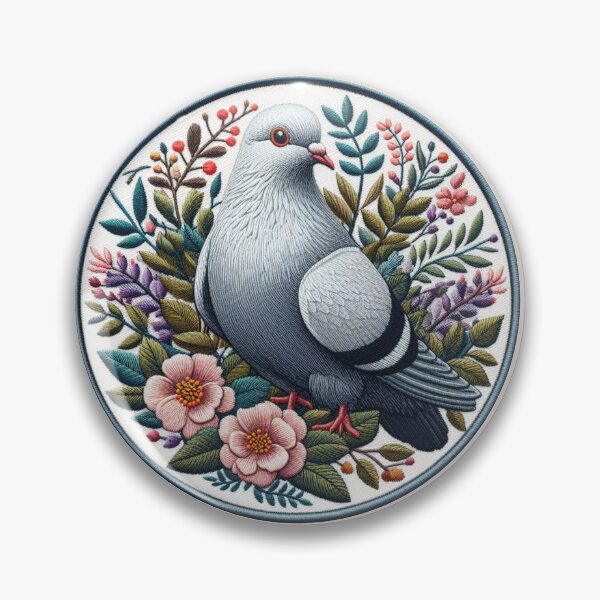 Artikelvorschau, Gestickter Taubenvogel mit Blumen entworfen und verkauft von Wendy Brinkhuis.