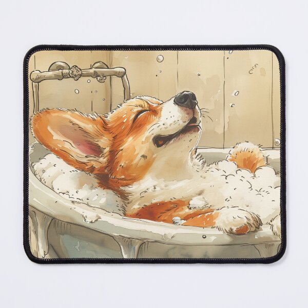 Item preview, Corgi enjoying a bath in the bathtub, watercolor designed and sold by Daydreamsatdawn.