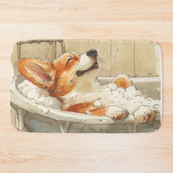 Item preview, Corgi enjoying a bath in the bathtub, watercolor designed and sold by Daydreamsatdawn.