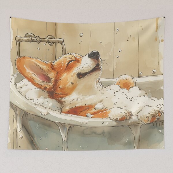 Item preview, Corgi enjoying a bath in the bathtub, watercolor designed and sold by Daydreamsatdawn.
