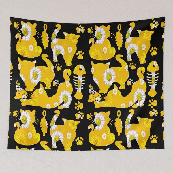 Item preview, Black cats on white among wildflower feelings garden pattern cats among dandelions And daisies designed and sold by Artonmytee.
