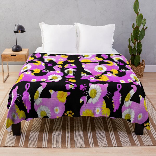 Item preview, Black cats on purple among wildflower feelings garden pattern cats among dandelions And daisies designed and sold by Artonmytee.