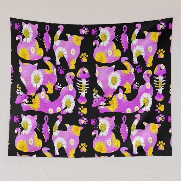Item preview, Black cats on purple among wildflower feelings garden pattern cats among dandelions And daisies designed and sold by Artonmytee.