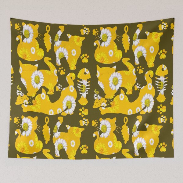 Item preview, Black cats on green among wildflower feelings garden pattern cats among dandelions And daisies designed and sold by Artonmytee.