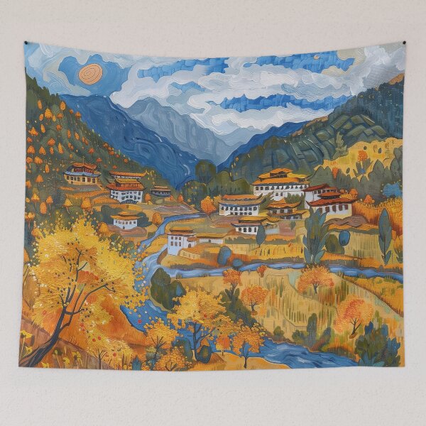 Item preview, Bhutanese landscape | Painting in the style of Vincent van Gogh designed and sold by ComicsFactory.