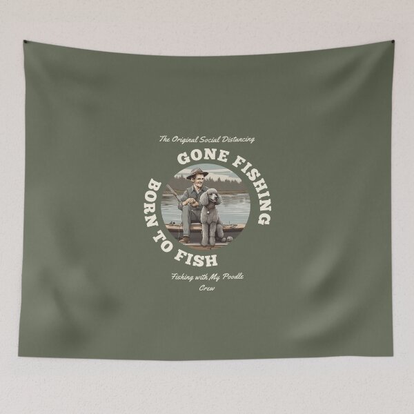 Item preview, Gone fiishing born to fish grey poodle travel dog dad vintage designed and sold by SoulfulT.