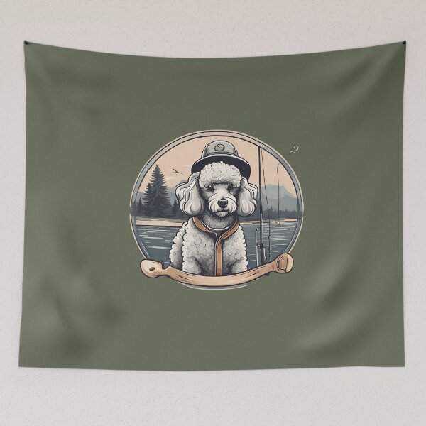Item preview, Fishing grey poodle travel dog dad vintage angler fisherman designed and sold by SoulfulT.