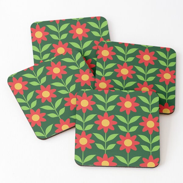 Item preview, Retro Mod Red Flowers with Green Leaves Pattern  designed and sold by Yasminepatterns .