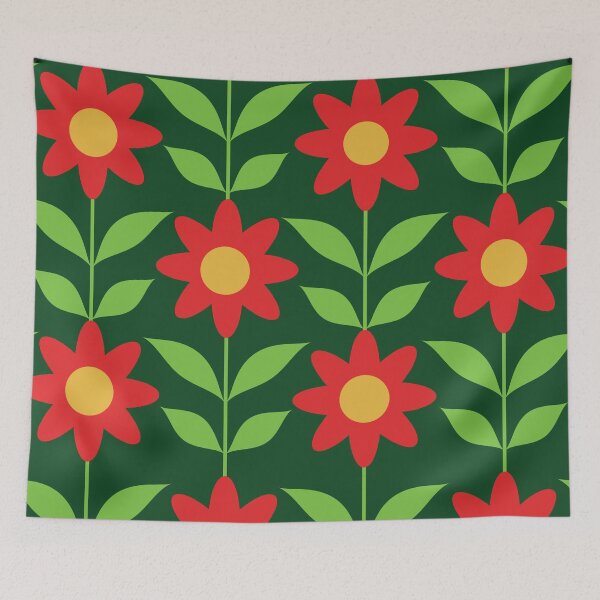 Item preview, Retro Mod Red Flowers with Green Leaves Pattern  designed and sold by Yasminepatterns .