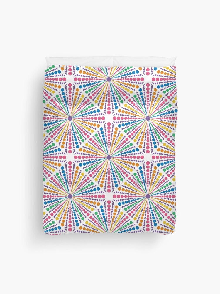 Duvet Cover, Maximalist Rainbow Sea Urchin Dot Mandala Diamond Tile designed and sold by Triplicate Limited