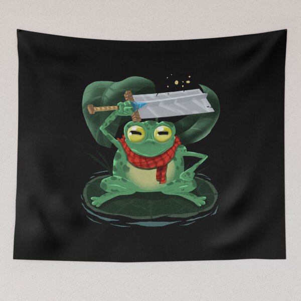 Item preview, Frog with warrior sword, in marsh lake, with red scarf, green leaves designed and sold by artssoul-studio.