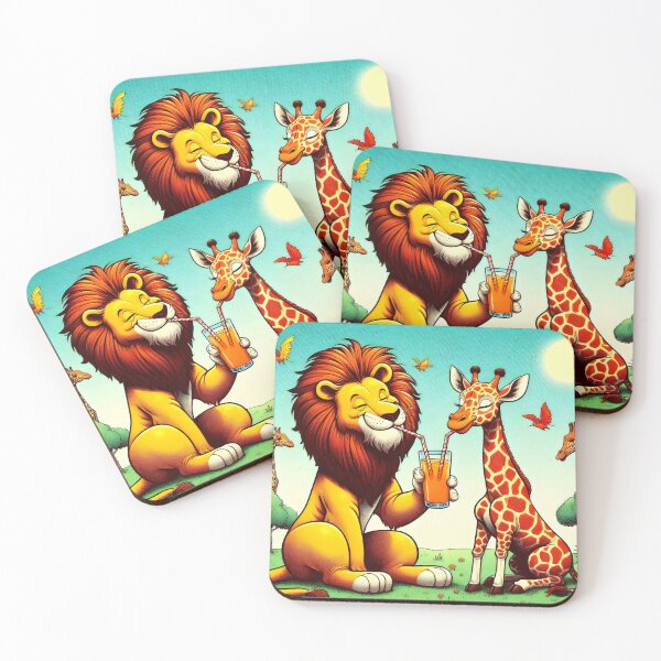 Item preview, Quenching your thirst. Giraffe and lion sipping orangeade designed and sold by MyHappyArtShop.
