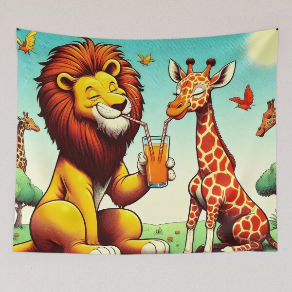 Item preview, Quenching your thirst. Giraffe and lion sipping orangeade designed and sold by MyHappyArtShop.