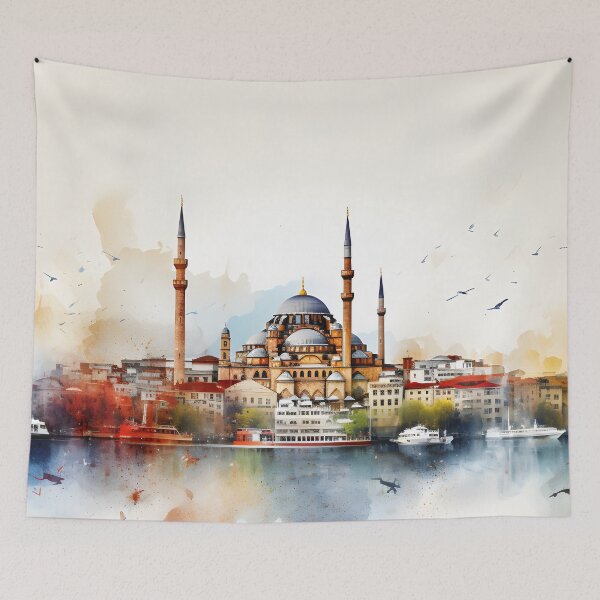 Item preview, Istanbul skyline, watercolor painting, city landscape, Istanbul souvenir, Turkish cityscape, Turkey travel designed and sold by SpettacolArte.