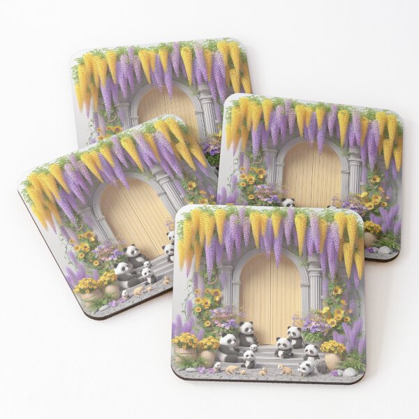 Item preview, Cute pandas playing in front stone door surrounded by Purple and yellow wisteria designed and sold by creativekrish.