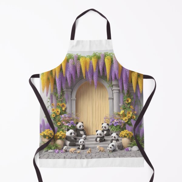 Item preview, Cute pandas playing in front stone door surrounded by Purple and yellow wisteria designed and sold by creativekrish.