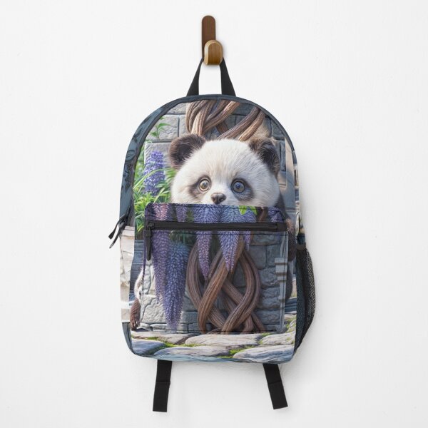 Item preview, Cute pandas playing in front stone door surrounded by blue wisteria designed and sold by creativekrish.
