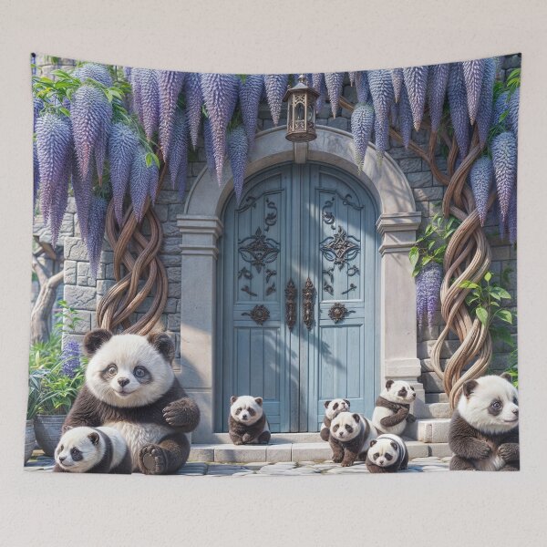 Item preview, Cute pandas playing in front stone door surrounded by blue wisteria designed and sold by creativekrish.