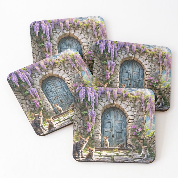 Item preview, cute cats and puppy infront of stone arch door in mountains designed and sold by creativekrish.