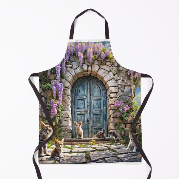 Item preview, cute cats and puppy infront of stone arch door in mountains designed and sold by creativekrish.