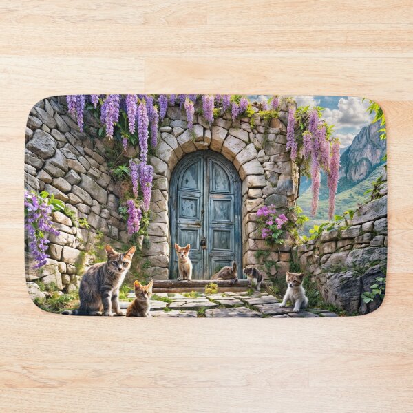 Item preview, cute cats and puppy infront of stone arch door in mountains designed and sold by creativekrish.