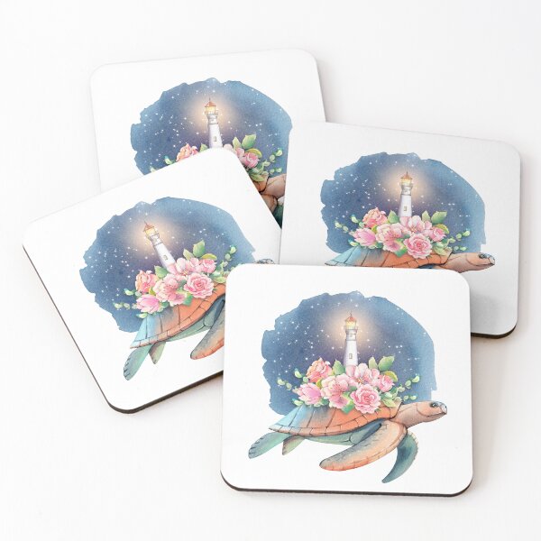 Item preview, Fantastic watercolor illustration of a turtle with a lighthouse and flowers against a starry sky background designed and sold by AnaVerana.