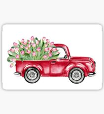 Aquarell Vintage Red Truck Valentine Tulpen Sticker