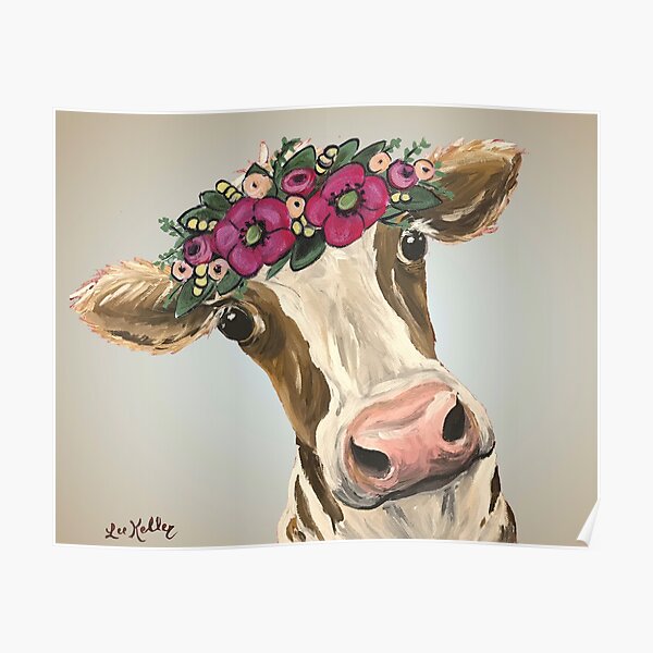 Cow with Flower Crown, Cow Art Poster