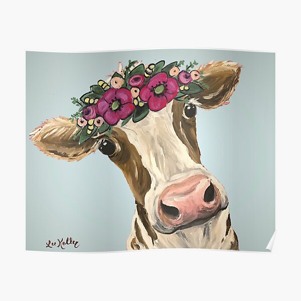 Flower Crown Cow Art, Farmhouse Cow Art Poster