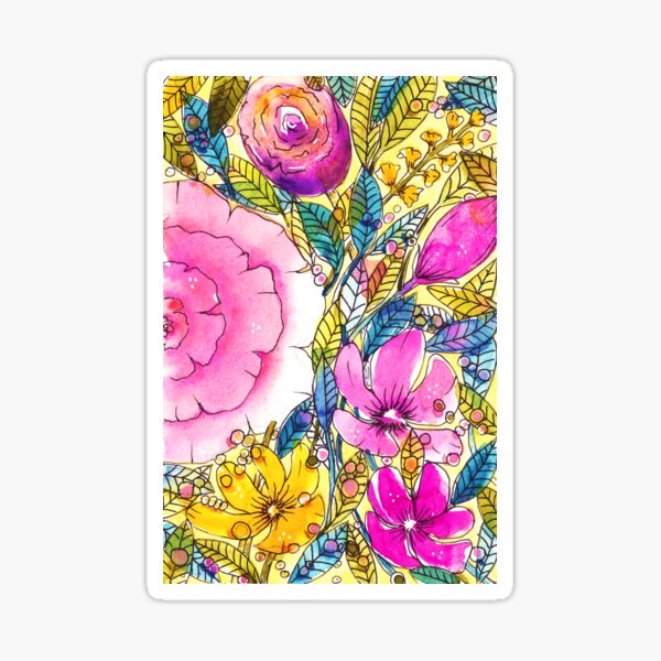 Vibrant Blossoms on Golden Canvas, Digital Floral Harmony Sticker