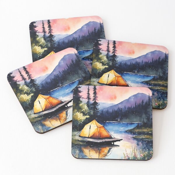 Item preview, watercolor camping beneath the nighttime sky.  designed and sold by soulfulpalette.