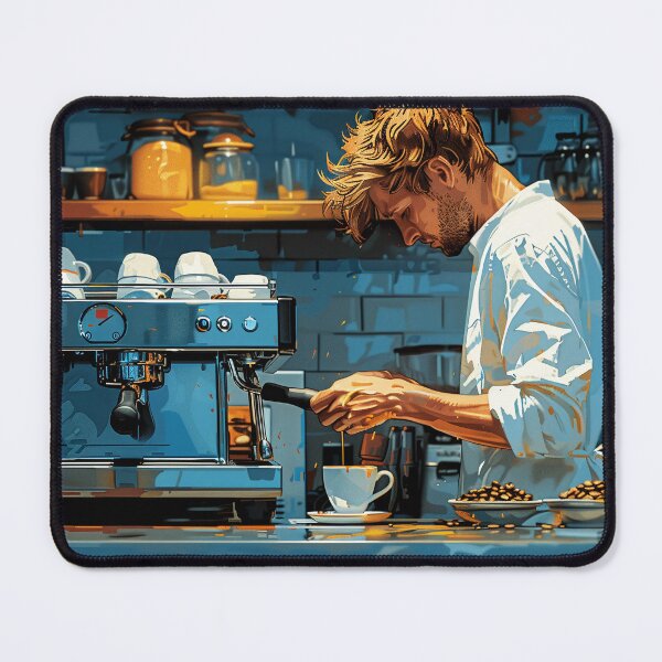 Item preview, Artisanal Barista Preparing Rich Espresso at Quaint Blue Coffee Shop designed and sold by Shirtastically.