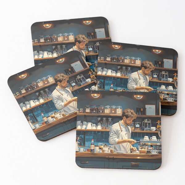 Item preview, Barista Crafting Espresso with Foamy Milk in Blue Coffee Shop designed and sold by Shirtastically.