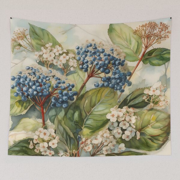 Item preview, bush of blue viburnum berries,watercolor designed and sold by elegantpaterns.