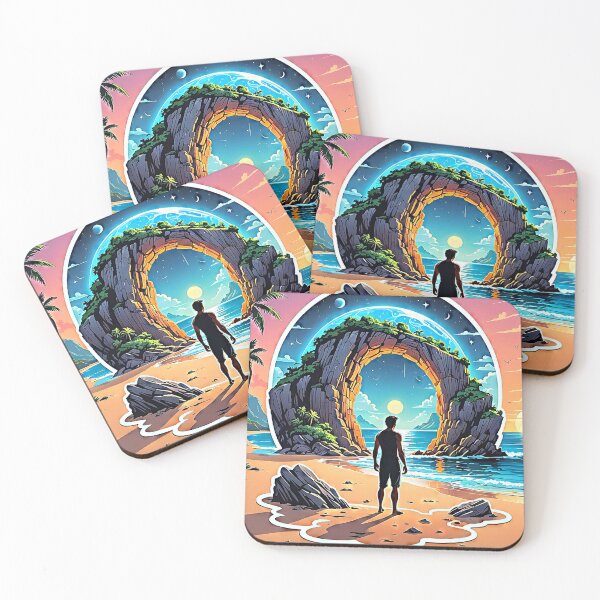 Item preview, "Man enjoying a sunset on a beach with a rock formation" designed and sold by MYTHIC PEEL STICKERS.