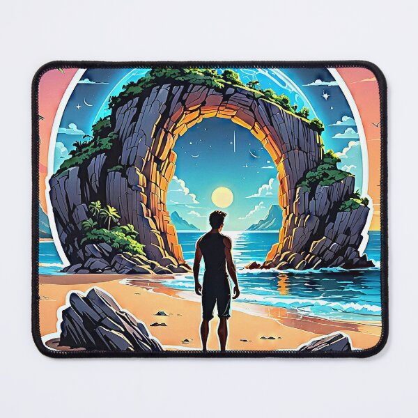 Item preview, "Man enjoying a sunset on a beach with a rock formation" designed and sold by MYTHIC PEEL STICKERS.