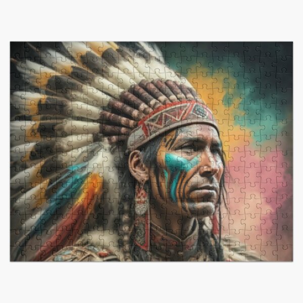 Item preview, Native American Indian Chief Jigsaw Puzzles and Prints for Adults Kids 1000+ Pieces Native Warrior Chief Puzzle Design Hobby Love Vibrant Decor Unique gift designed and sold by Benjamin Heffernan.