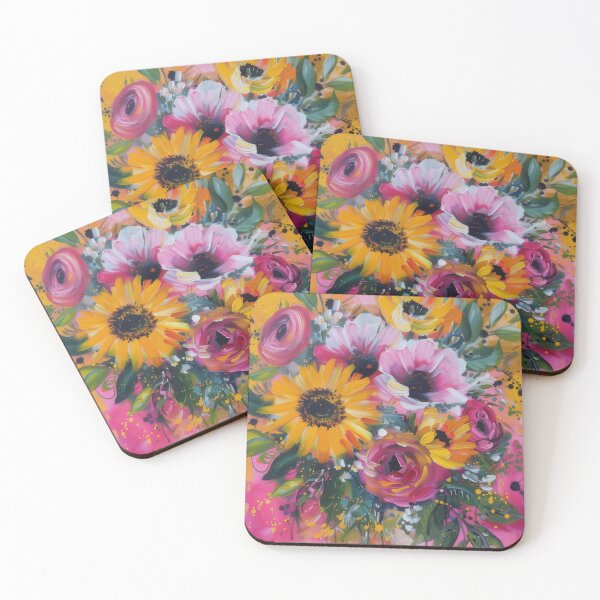 Item preview, Warm happy flower painting in yellow and pink colour palette designed and sold by PrettyPinkSkies.
