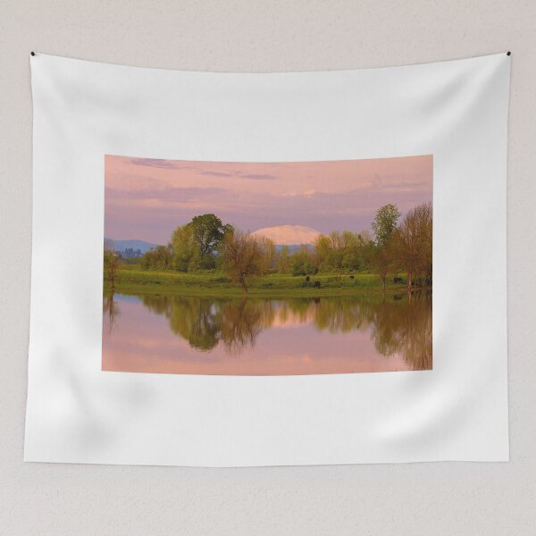 Item preview, Mt Saint Helens reflection with cattle cows grazing by the water in Sauvie Island sunset designed and sold by davidgnsx1.