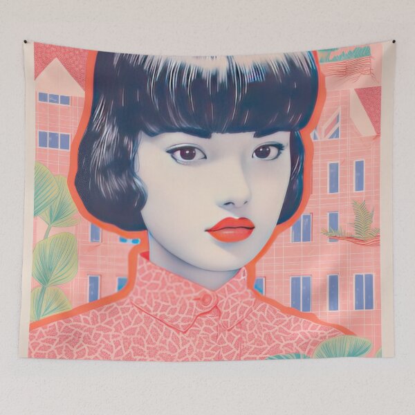Item preview, Vintage 80s Japanese Girl Pink Lithograph  designed and sold by GulDesignCo.