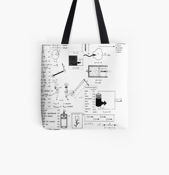 Speed, way distance, time, acceleration, velocity, displacement, acceleration, force, weight, period, radius All Over Print Tote Bag