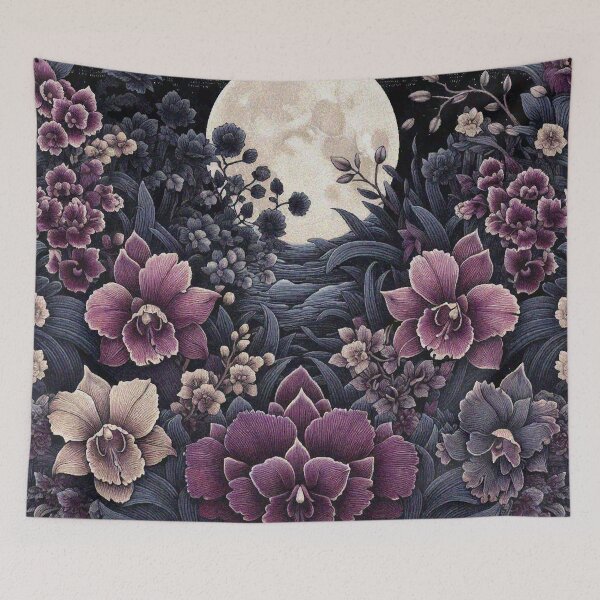 Item preview, Black and Dark Purple Orchids basking in full moonlit designed and sold by Illuministique.