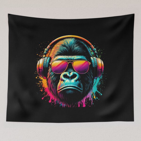 Item preview, Colorful  Gorilla Wearing Sunglasses & Headphones: Vintage Distressed Monkey Art for Nature Lovers designed and sold by JUSTBEELEGANT.