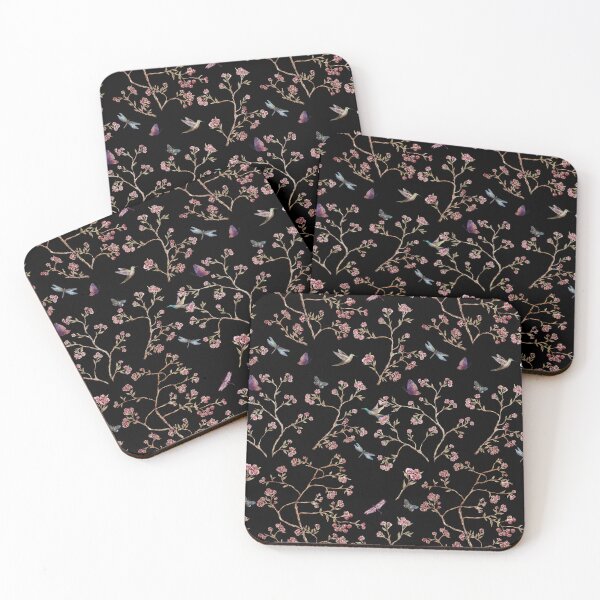 Item preview, Spring Butterflies, Birds, Dragonflies, Rose Gold Flowers, Black Background designed and sold by Jaydee001.