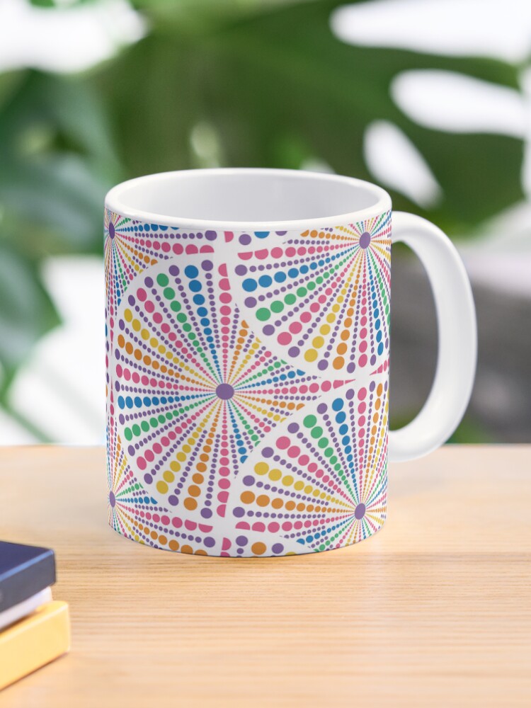 Coffee Mug, Maximalist Rainbow Sea Urchin Dot Mandala Art Deco Fans designed and sold by Triplicate Limited
