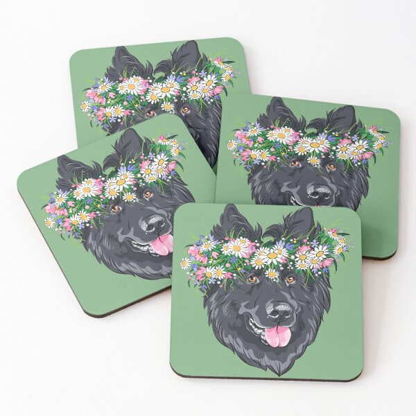 Aperçu de l'œuvre Chien de berger belge de mode vectorielle, race Groenendael dans une couronne de fleurs sauvages créée et vendue par kavalenkavart.